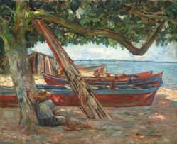 Oswaldo Teixeira - Marinha Com Barcas, Árvore e Pescador